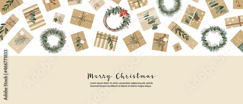 Christmas presents in kraft paper, wreaths. Rustic craft gift box. Eco decoration, eucalyptus, spruce. Xmas and New 2022 Year celebration. Vector flat cartoon illustration, winter banner, card, flyer