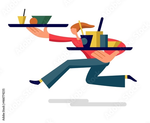 The waitress runs with trays of food. Vector illustration in a flat style.