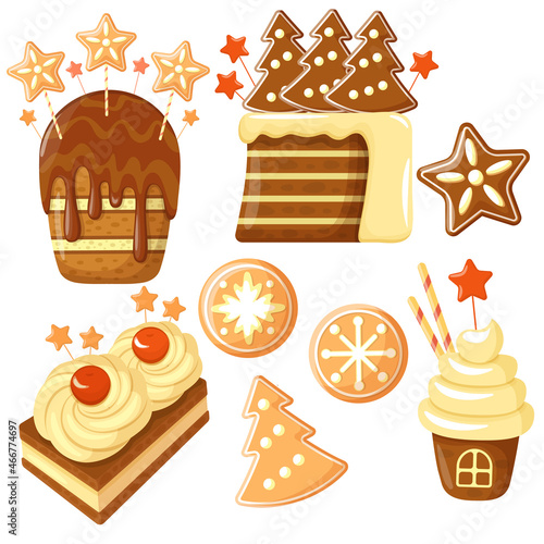 Vector Cartoon Illustration of Christmas Sweets Cakes Cupcakes Cookies