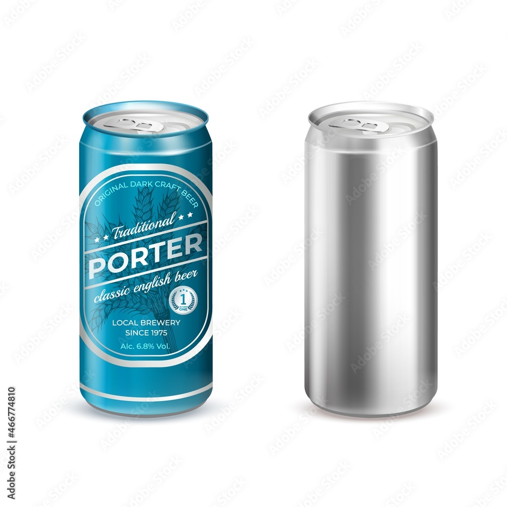 Realistic Detailed 3d Empty Template Mockup Aluminum Can and with Beer Label Set. Vector illustration of Alcohol Beverage Realistic Detailed 3d Empty Template Mockup Aluminum Can and with Beer Label Set. Vector illustration of Alcohol Beverage