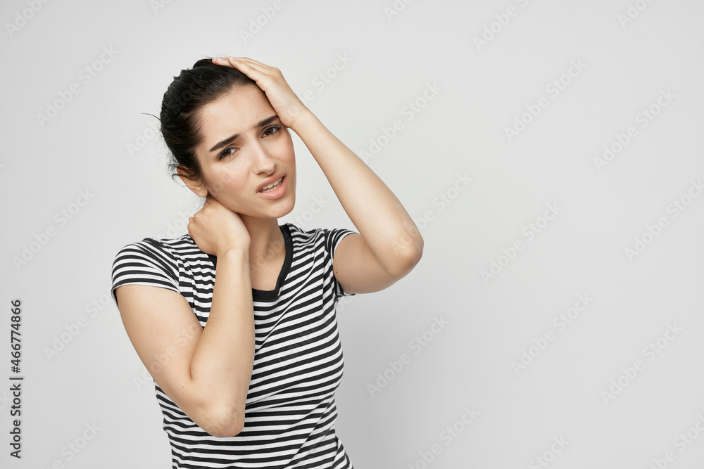 woman headache painful syndrome discomfort light background woman headache painful syndrome discomfort light background