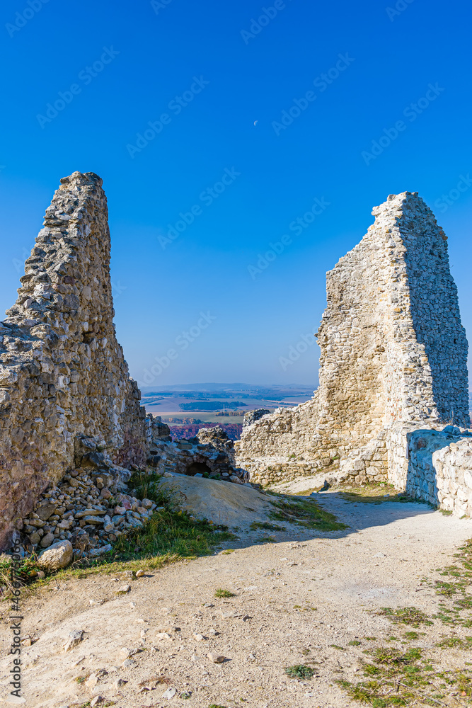 View showing the remains of the tower ruins at Cachtice Castle, Slovakia.