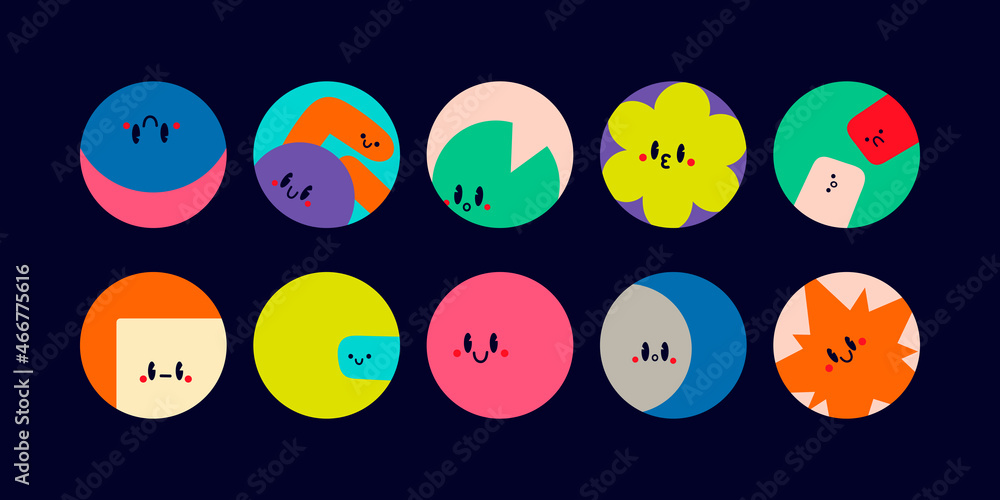 Round abstract Icons. Funny comic Faces with various Emotions in circles. Various abstract creatures. Different colorful characters. Cartoon style. Flat design. Hand drawn modern Vector illustration - obrazy, fototapety, plakaty 