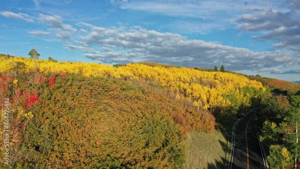 Panning aerial view of road cutting through colorful Autumn landscape near Cascade Springs in Utah. Panning aerial view of road cutting through colorful Autumn landscape near Cascade Springs in Utah.