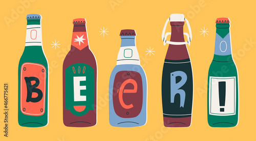 Various glass Beer bottles. Beer sign or logo. Different letters on labels. Hand drawn trendy Vector illustration. Every bottle is isolated. Brewery concept. Design elements for restaurant, pub