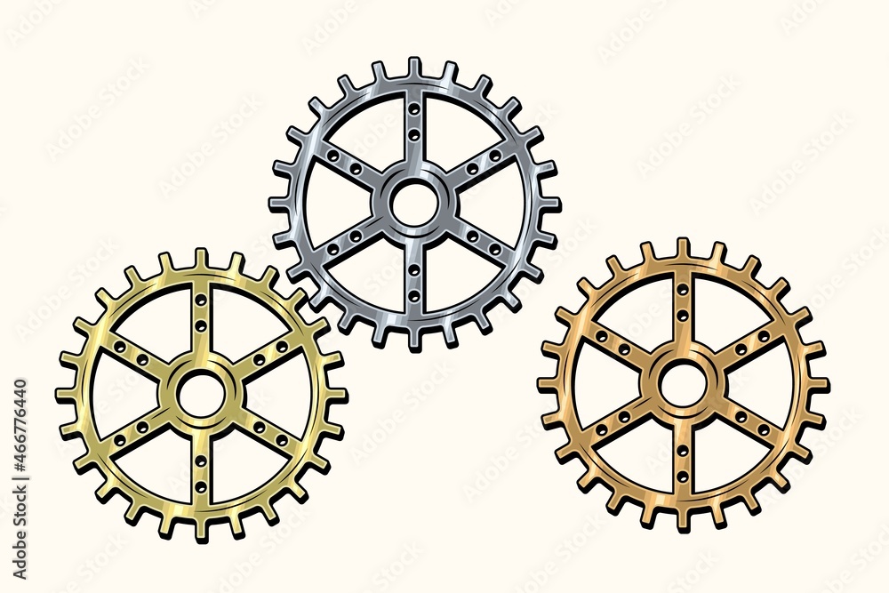 Gold, brass, copper, steel gears in retro style. Good for decoration in steampunk style. Vector. Gold, brass, copper, steel gears in retro style. Good for decoration in steampunk style. Vector.