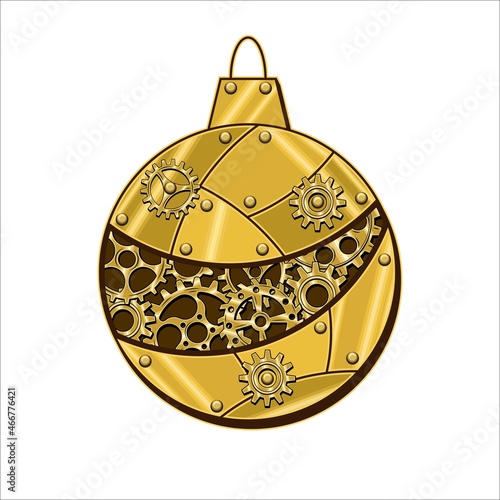 Christmas ball made of shiny brass, gold metal plates, gears, cogwheels, rivets in steampunk style. Vector illustration.