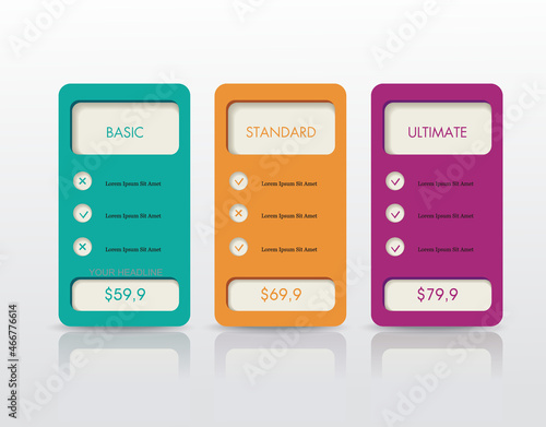 Price list widget with 3 payment plans for online services, pricing table for websites and applications.