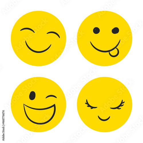 Happy Doodle Smile Collection Isolated on White Background. Simple Faces. Cute Icon Set.