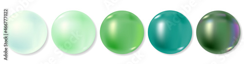 Realistic green beads collection on white background. 3D ball set, different shades from light to dark green and turquoise. Vector jewelry pearl gem, glass or metal sphere with natural reflection.
