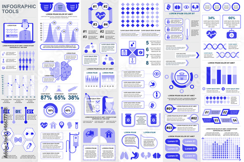 Bundle medical infographic elements data visualization vector design template. Mega set. Can be used for steps, processes, workflow, diagram, healthcare concept, timeline, icons, info graphics.
