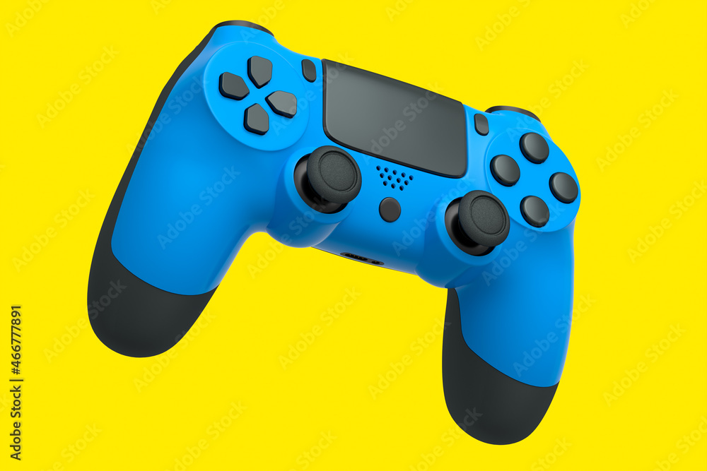 Realistic blue joystick for video game controller on yellow background Realistic blue joystick for video game controller on yellow background