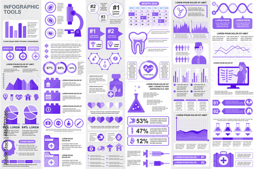 Bundle medical infographic elements data visualization vector design template. Mega set. Can be used for steps, processes, workflow, diagram, healthcare concept, timeline, icons, info graphics.