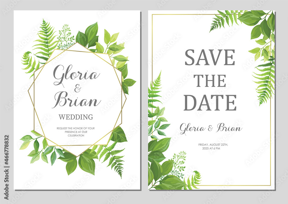 Wedding invitation with green leaves border and geometric frames. Invite card with place for text. Frame with forest herbs. Vector illustration.