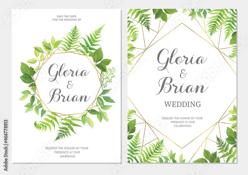 Wedding invitation with green leaves border and geometric frames. Invite card with place for text. Frame with forest herbs. Vector illustration. © artnata