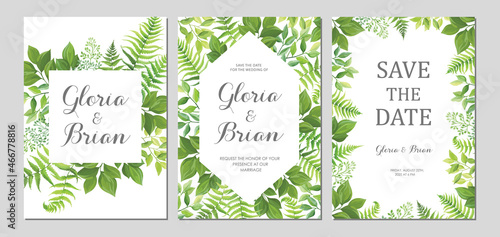 Wedding invitation with green leaves border. Invite card with place for text. Frame with forest herbs. Vector illustration.