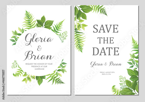Wedding invitation with green leaves border. Invite card with place for text. Frame with forest herbs. Vector illustration.