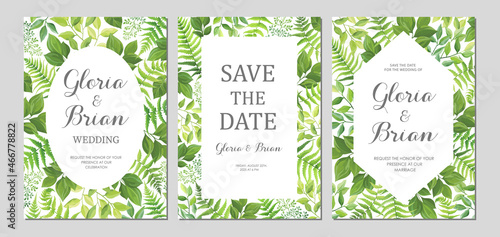 Wedding invitation with green leaves border. Invite card with place for text. Frame with forest herbs. Vector illustration.