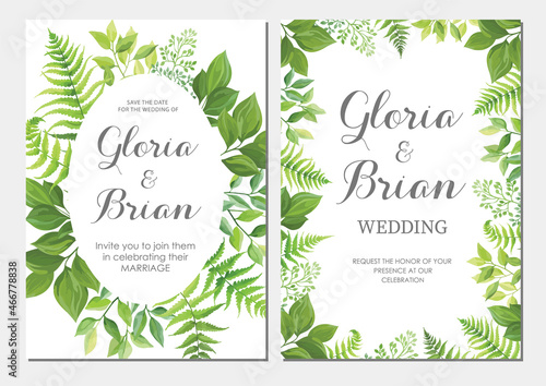 Wallpaper Mural Wedding invitation with green leaves border. Invite card with place for text. Frame with forest herbs. Vector illustration. Torontodigital.ca