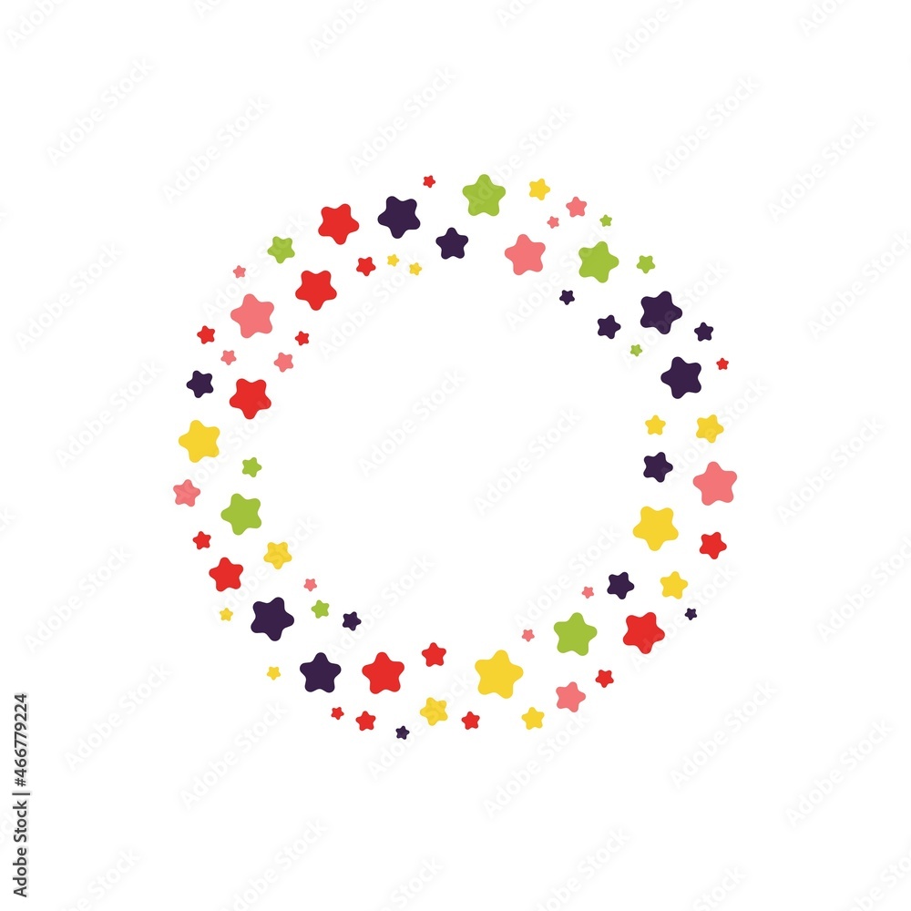 Colorful geometric stars frame - wreath. Abstract vector background with colorful stars shapes consisting of spherical geometric particles. Star's frame's colorful halftone.