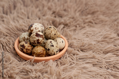 quail eggs on a ceramic plate on a plush brown background with a place for the signature