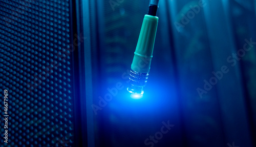 Acoustic audio cable server Green audio cable. Сoaxial cable for data transmission server. Close up. 