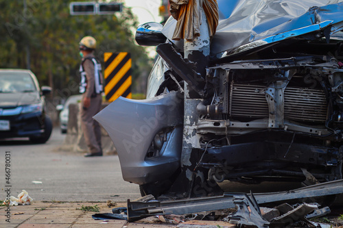 Accident, a pickup truck collided with a pickup truck and lost control. The fire collided with an electric pole and damaged. There were injuries in this accident. photo