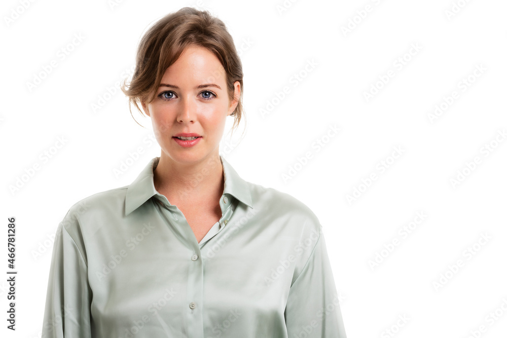 Smiling businesswoman portrait while standing at isolated white background Smiling businesswoman portrait while standing at isolated white background