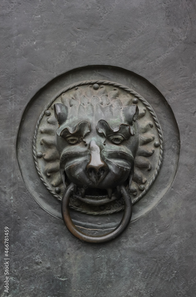 rusty metal antique lion's head doorknocker on gray stone