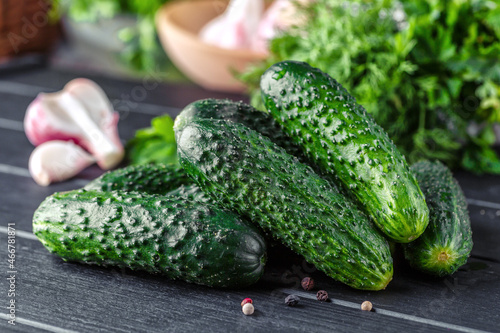 Cucumber on  dark wood texture background.Cucumbers harvest in summer. Cucumbers for salads or canning. Summer vegetables. Organic agriculture in village.