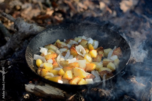 Cooking over a campfire, cooking potatoes.