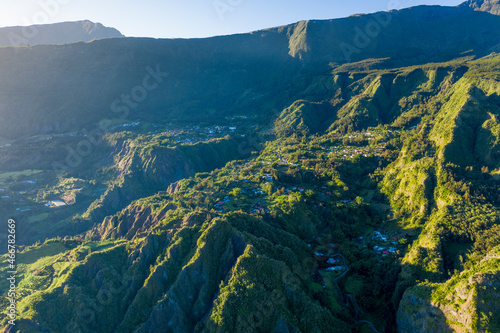 Aerial view of mountain landscape at sunset near Salazie township, Reunion. photo