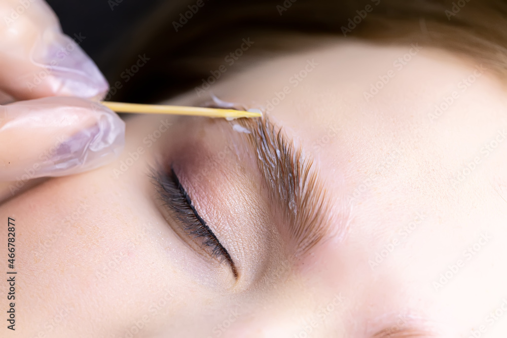 macro photography of eyebrow hairs on which laminating compounds are applied spreads them over the eyebrows with a wooden stick