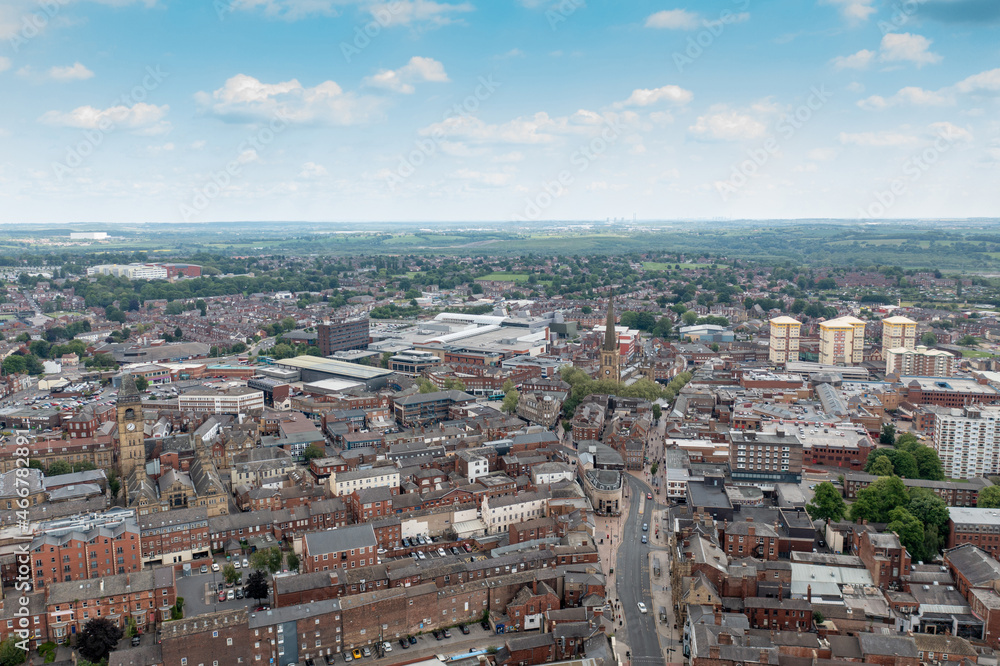 Aerial drone photo of the town centre of Wakefield in West Yorkshire in the UK showing the main city centre from above in the summer time.
