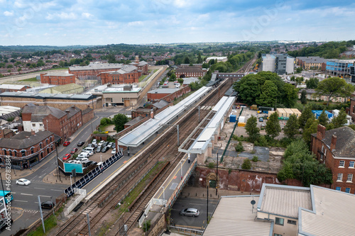 Aerial drone photo of the town centre of Wakefield in West Yorkshire in the UK showing the main train station in the town centre