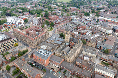 Fototapeta Naklejka Na Ścianę i Meble -  Aerial drone photo of the town centre of Wakefield in West Yorkshire in the UK showing the main city centre from above in the summer time.