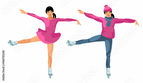 Two figures of an Asian girl who skates in winter clothes and a dress for performances at competitions