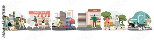 City life scenes. Pedestrian traffic. People walk in street, cross road at crosswalk, ride scooter, go shopping, vector.