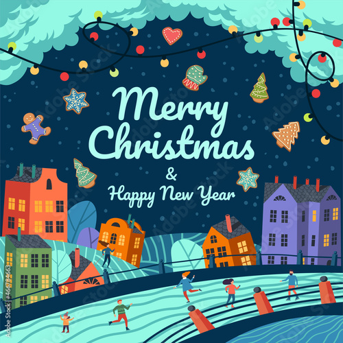 Vector Christmas landscape with garland and gingerbread cookies decoration. Colorful houses and people skating on the ice river in the evening. Square Xmas card, poster, flyer, Instagram post