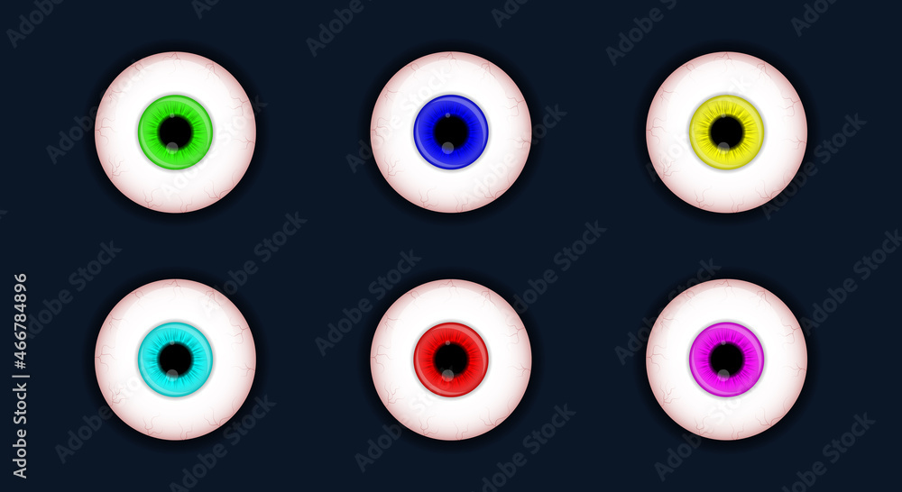 Set of spooky eyes vector illustration. Halloween scary eyeball collection isolated on white background. Decorations for horror parties. Detailed eyeball in eight colors. Vector Realistic Illustration Set of spooky eyes vector illustration. Halloween scary eyeball collection isolated on white background. Decorations for horror parties. Detailed eyeball in eight colors. Vector Realistic Illustration