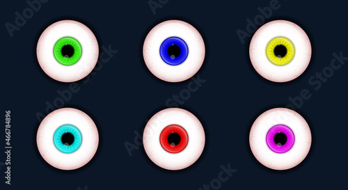 Set of spooky eyes vector illustration. Halloween scary eyeball collection isolated on white background. Decorations for horror parties. Detailed eyeball in eight colors. Vector Realistic Illustration