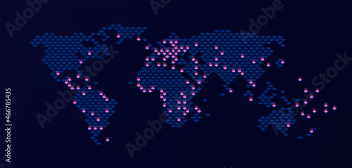 World map on dark background. With point lights. Vector modern isometric concept greeting Card illustration.
