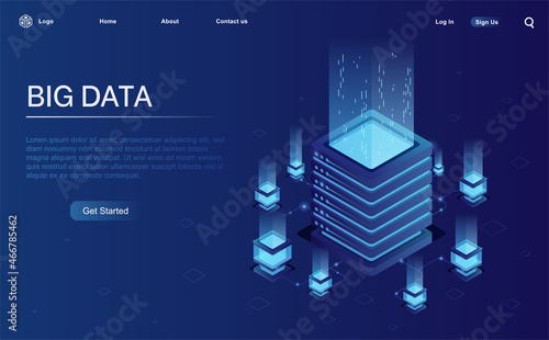 Server. Digital space. Data storage. Data processing center. Great date. Network or mainframe infrastructure website header layout Isometric vector illustration.