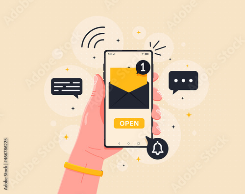 New email notification on mobile phone vector illustration, smartphone screen with new unread email and read envelope icons, inbox concept. Flat style vector illustration.