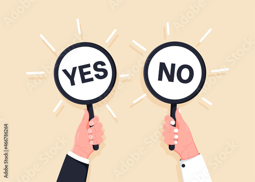 Cartoon vector illustration of Yes No banner in human hand on white background. Test question. Choice hesitate, dispute, opposition, choice, dilemma, opponent view. Gives answers to questions.