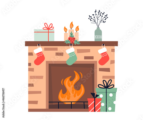 Merry Christmas. Fireplace with Christmas socks. Holiday decorations. New Year vector illustration in flat style isolated on white background.