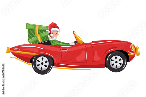 Christmas elf in a nice fancy car handing out toys