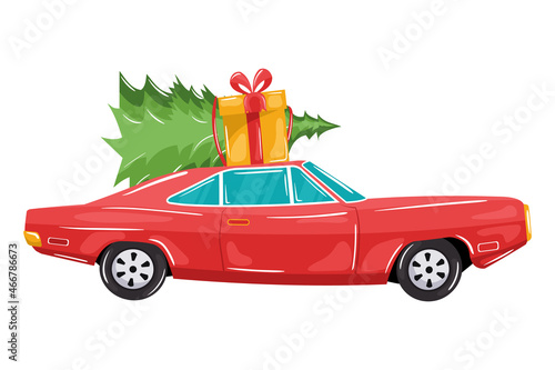 nice red car carrying christmas tree and gift box