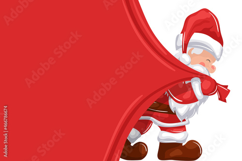 santa claus holding a red christmas curtain on transparent background