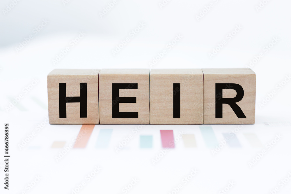 Heir text on wooden cubes on the background of charts on the table Heir text on wooden cubes on the background of charts on the table